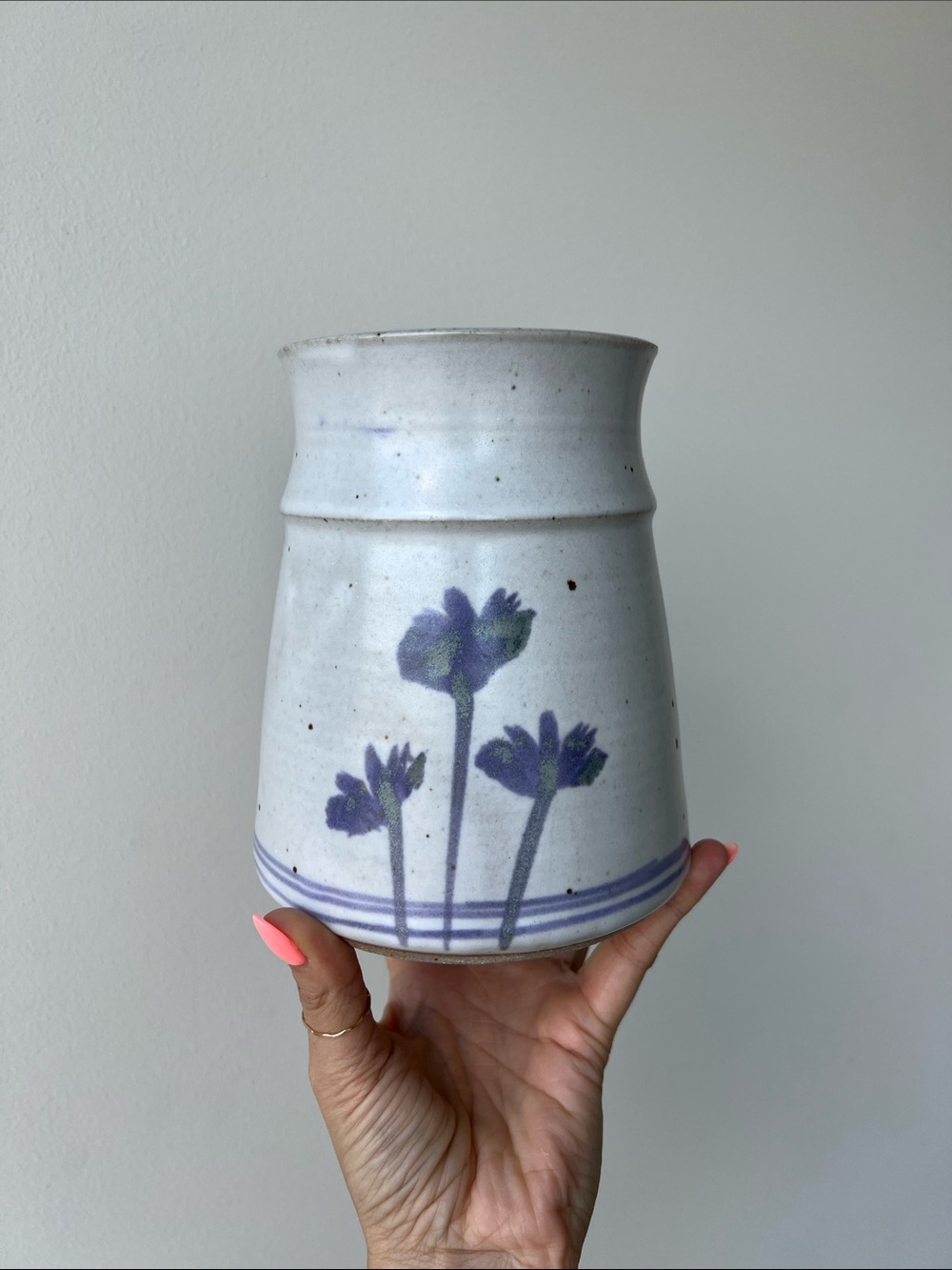 Vintage Floral Pottery Crock Utensil Holder Vase